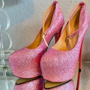 Pink Glitter Platform Ultra High 7” Club Heels w/Dance Buckle - Sz 10 - GUC!